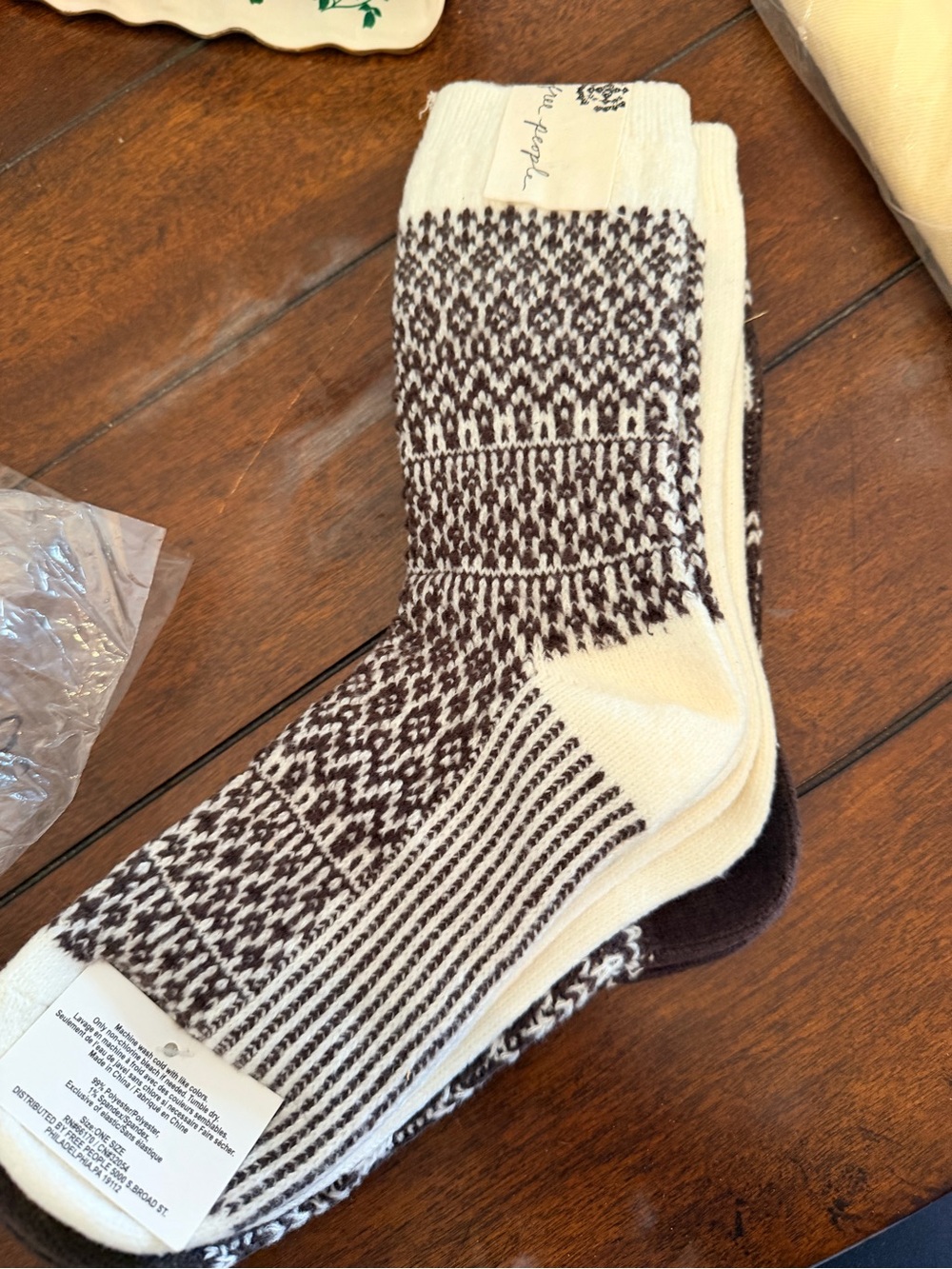 Free People Cream and Brown Patterned Crew Socks 3 pack